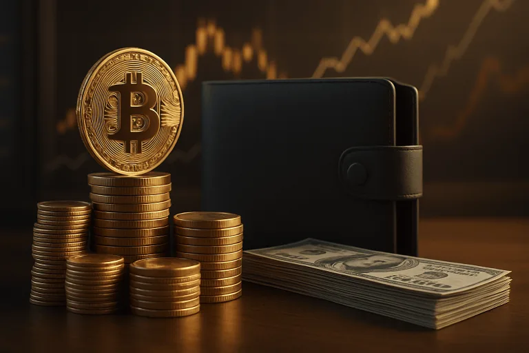 BTC , money and a wallet.